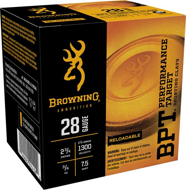 Browning Ammo B193632827 BPT Performance Target Sporting Clay 28Gauge 2.75" 3/4oz 7.5Shot 25 Per Box/10 Case