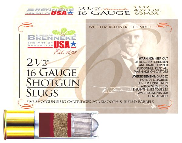 Brenneke SL162BR Brenneke 16  16Gauge 2.50" 1oz Slug Shot 5 Per Box/50 Case