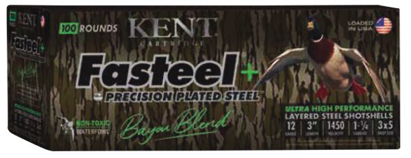 Kent Cartridge CC123FSP363X5 Fasteel + Precision Steel Sports South Exclusive Bayou Blend 12Gauge 3" 1 1/4oz 3x5Shot 100Per Box/2 Case *Case Only