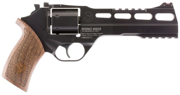 Chiappa Firearms 340221 Rhino 60DS  Small Frame 357 Mag 6 Shot, 6" Black Anodized Steel Vent Rib Barrel, Blued Steel Cylinder, Black Anodized Aluminum Frame, Walnut Grip, Concealed Hammer